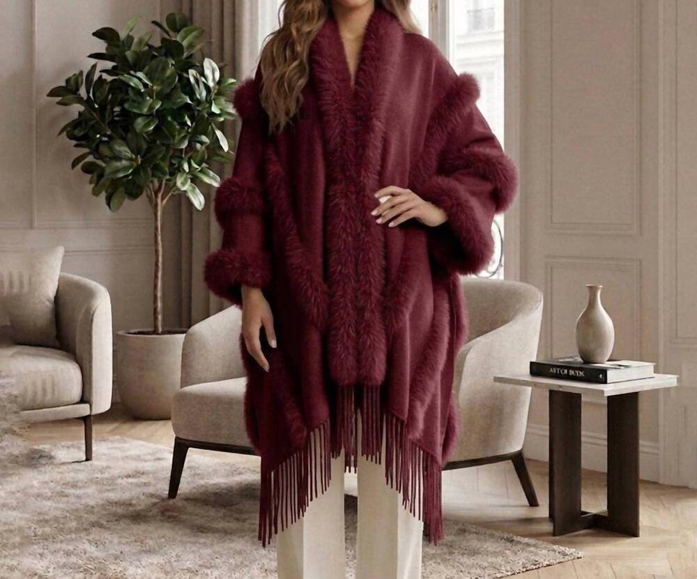 NEW SENSIBLING CORP faux fur trim fringe open front long cape coat poncho in bur